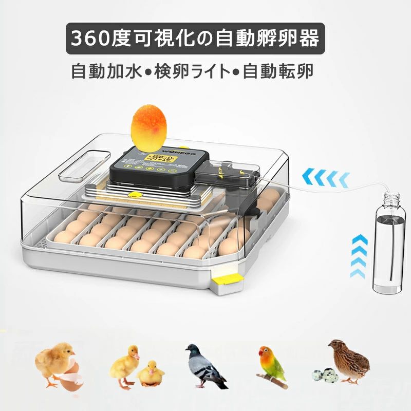 商品情報インテリジェント制御当社の家庭用自動孵卵器は、温度・湿度・卵回転を高度に制御するインテリジェントシステムを搭載。デジタルディスプレイと多機能ウィンドウにより、孵化プロセスを正確に管理し、エラーのない自動運転を実現します。自動温度制御鶏孵化器はファンを内蔵し、空気を循環させ、効果的に熱を孵化器全体に均一に分布させ、異常温度と湿度制御警報機能を持ち、簡単に監視する。外側には白い泡保護器が取り付けられており、白い泡箱を捨てないでください。検卵LEDライト孵卵器はLED検卵ライトが付きので、受精卵の発育状況を確認でいます。孵化中で不良受精卵を除去、孵化の成功率をアップします。卵をLEDライトの上に置いて、LEDのスイッチを押すと、卵の生育状況を観察することができます。自動加水徹夜の毎日に別れを告げる手動加水は時間を節約しやすい。自動卵孵化器をアップグレードして自動的に水を加えて湿度を調節する。瓶に水が入っているときは、水がなくなる心配はありません。フル装備仕様卵サイズに応じてローラー間隔を調整可能（鶏卵・アヒル卵・鳩卵・ウズラ卵・オウム卵など対応）。加熱・卵回転・加湿の2系統制御出力を完備。異常検知アラームシステムを搭載し、蓋の閉鎖不良や湿度低下などのトラブルを即時検知。アラーム解除ボタンで操作が容易で、孵化の信頼性を高めます。水洗い可能卵孵化器取り外し可能で洗浄可能, 底部の水皿は独立して分離され、水の蒸発を調節するのに便利である。すべての電気部品がクリーニング中に乾燥したままであることを確認します。すべての電気部品に水を浸さないでください。孵卵器良いデザイン1、蓋が半透明の状態：卵の孵化プロセスははっきり見られます。2、温度センサー装置：箱内の温度を監視します。3、排水穴の設計： 水量が高すぎると自動的にあふれ出し、卵が水に触れないようにします　4、グリッドトレイ：空気循環を確保し、掃除が簡単 。5、埋め込みプラグ、防水性が向上します。もっと安全で、寿命が長いです。6、専用泡パッケージ：専用泡パッケージもっと視覚化と操作性が実現されています。メーカー希望小売価格はメーカーサイトに基づいて掲載していますメーカー希望小売価格はメーカーサイトに基づいて掲載していますメーカー希望小売価格はメーカーサイトに基づいて掲載しています孵卵器 自動孵化機 卵孵化機 孵卵器 自動転卵 最大48枚 インキュベーター 検卵ライト 自動温度制御 自動水補充装置 湿度保持 自動転卵 デジタル表示 警報機能 家庭用 鳥類専用孵卵器 家庭用 子供教育用 鶏/アヒル/ガチョウ/鳩/ウズラ インキュベーター 自動孵卵器 孵化率アップ 鶏など家畜専用ふ卵器 鳥類専用 低騒音 子供教育用 農家用 5
