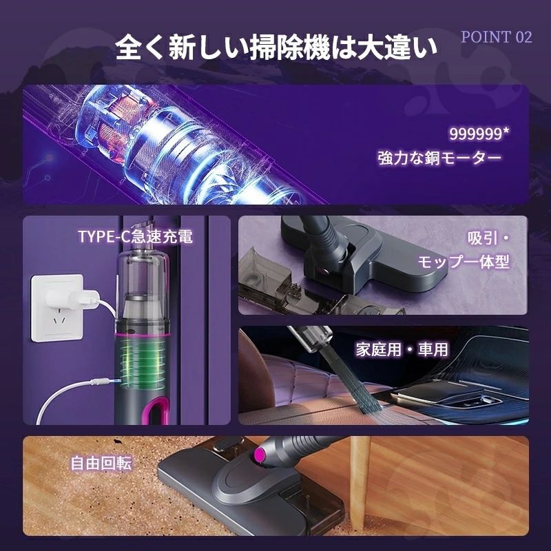 掃除機 コードレス 強力 99999Rpa 最高性能 軽量 小型 コードレス掃除機 USB-TypeC...