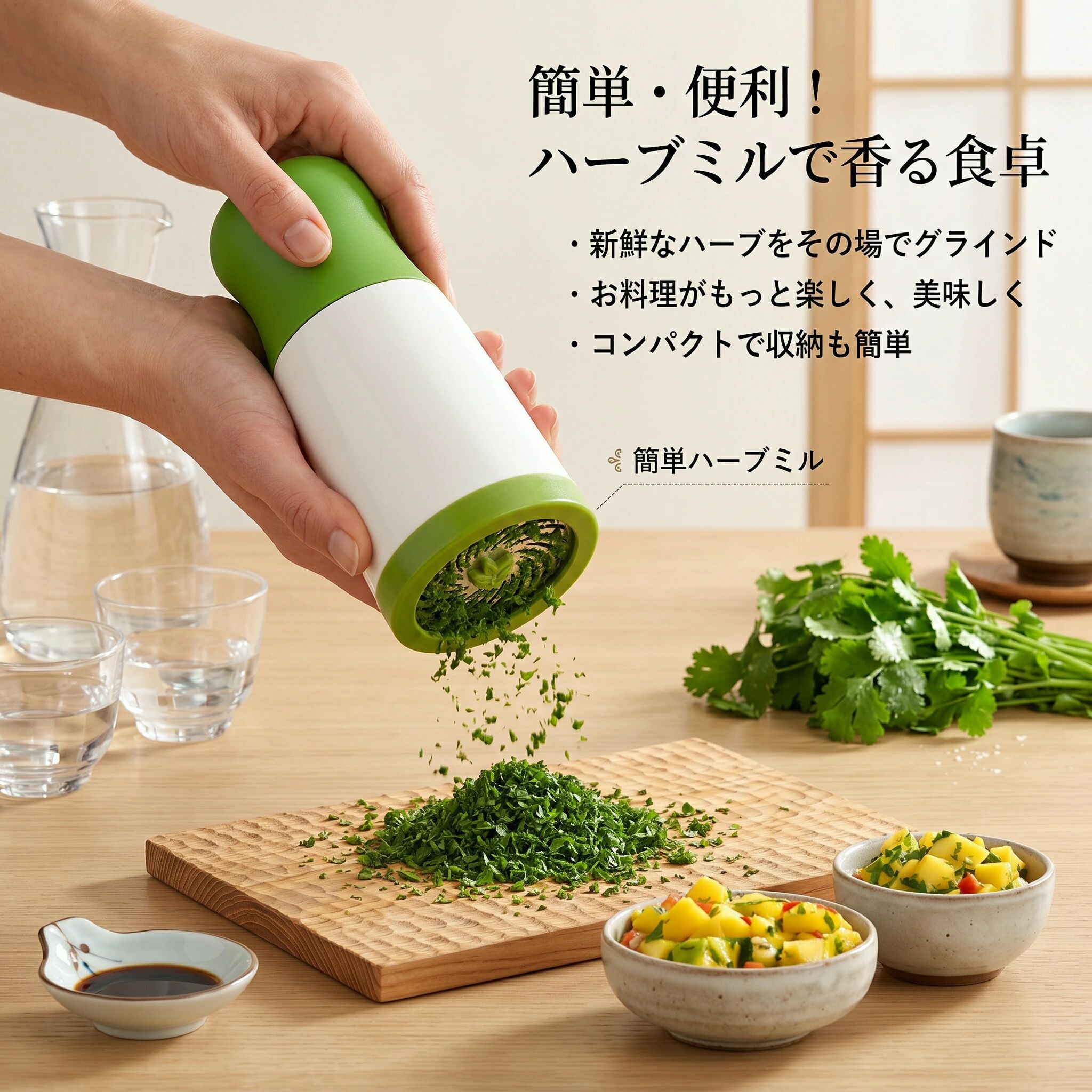 商品名：ハーブミル カッター&nbsp;素材：プラスチック&nbsp;商品特徴&nbsp;このハーブミルは、料理をより楽しく美味しくするための便利なキッチンツールです。手動で簡単に操作でき、新鮮なハーブをその場で細かく刻むことができます。ステンレス製の刃が効率的にハーブをカットし、香り豊かな料理を実現します。コンパクトなデザインで収納も簡単。お手入れも手軽で、日常の調理や離乳食の準備に最適です。ギフトとしても喜ばれるこの商品で、料理の幅を広げてみませんか。
