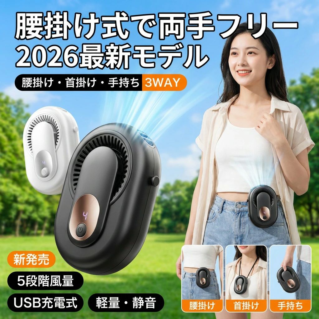 商品情報商品分類 首掛け扇風機操作方式 物理ボタン式外形寸法 1254595mm（縦横高さ）電源方式 USB充電（Type-C対応）バッテリー容量 2000mAh~4000mAh（実測値）羽根数 羽根なし設計（安全構造）騒音レベル 36dB(A)以下（静音設計）筐体材質 ABS樹脂スタイル アウトドア向けモータータイプ ブラシレスモーターカラー ホワイト・グリーン・ブラック機能 首掛け/手持ち/腰掛け/クリップ取り付け使い幅は広い 夏のアウトドア、現場作業や犬の散歩、釣り、スポーツ観戦、ハイキングなど様々なシーンで大活躍。炎天下で体を動かし体力消耗の激しい方にお勧めします。生産国 中国キーワード 熱中症対策 通勤通学 屋外作業 アウトドア 扇風機 羽なし 小型 携帯扇風機 腰掛け扇風機 首かけ 卓上扇風機 長時間 静音 強風 熱中症対策 通勤通学 屋外作業 おしゃれ アウトドア 多機能扇風機 首掛け扇風機 冷却 静か 携帯 子供 首掛け 扇風機 静音 最新 腰掛け扇風機 腰掛け 卓上扇風機 静音 USB 超静音 手持ち扇風機 手持ち 卓上 おしゃれ ミニ ハンディファン 首かけ 静音 ベビーカー 卓上扇風機 usb 卓上 ファン ミニ扇風機 卓上 手持ち扇風機 首掛け扇風機 小型扇風機 携帯扇風機 扇風機注意事項・ラッピング対応は行っておりません。・予告なく仕様変更になる場合がございます。・写真はイメージです。実際の商品と若干異なる場合がございます。・基本は全国一律送料無料と対応させていただきますが、沖縄・北海道・離島地域へお届けの場合は別途送料をご請求させていただきます。・商品のサイズは採寸方法によって、若干な誤差が生じる場合はあります。ご了承ください。品質保証・出品商品は全て新品未使用です。・安心の初期不良対応：万が一商品に不具合があった場合は、商品到着後7日以内にご連絡ください。・不具合の状況確認のため、写真や動画のご提供をお願いする場合がございます。確認後、速やかに「新品交換」または「ご返金」にて対応させていただきます。・お客様に安心してご購入いただけるよう、誠心誠意サポートいたします。「悪い評価」を付ける前に、まずはお気軽にご相談ください。 検索関連ワード腰掛けファン, 腰掛け扇風機, 首掛け扇風機, 首かけ扇風機, クリップ取り付け扇風機, 手持ち扇風機, 携帯扇風機, ハンディファン, ミニ扇風機, 小型扇風機, 卓上扇風機, 卓上ファン, 卓上 手持ち扇風機, 首掛け 卓上扇風機, 羽なし扇風機, 羽なし設計, 安全設計 羽なし, ブラシレスモーター, 5段階風量, 強風, 静音 36dB以下, 超静音, 静か, 静音設計, USB充電式, Type-C対応, 2000mAh, 4000mAh, 軽量 コンパクト, 両手フリー, ハンズフリー, 物理ボタン式, 通勤通学, 通勤, 通学, 屋外作業, 現場作業, アウトドア, 夏用, 暑さ対策, 熱中症対策, 冷却, 冷感, 体感ケア, 暑い日, 炎天下, スポーツ観戦, ハイキング, 釣り, 犬の散歩, ベビーカー, 子供 首かけ扇風機, 男女兼用, おしゃれ, トレンド, 高見え, ポイント消化, 人気 おすすめ, 新生活, 母の日, 父の日, 誕生日, プレゼント ギフト注意事項：モニターの発色により、実物と異なる場合がございます。