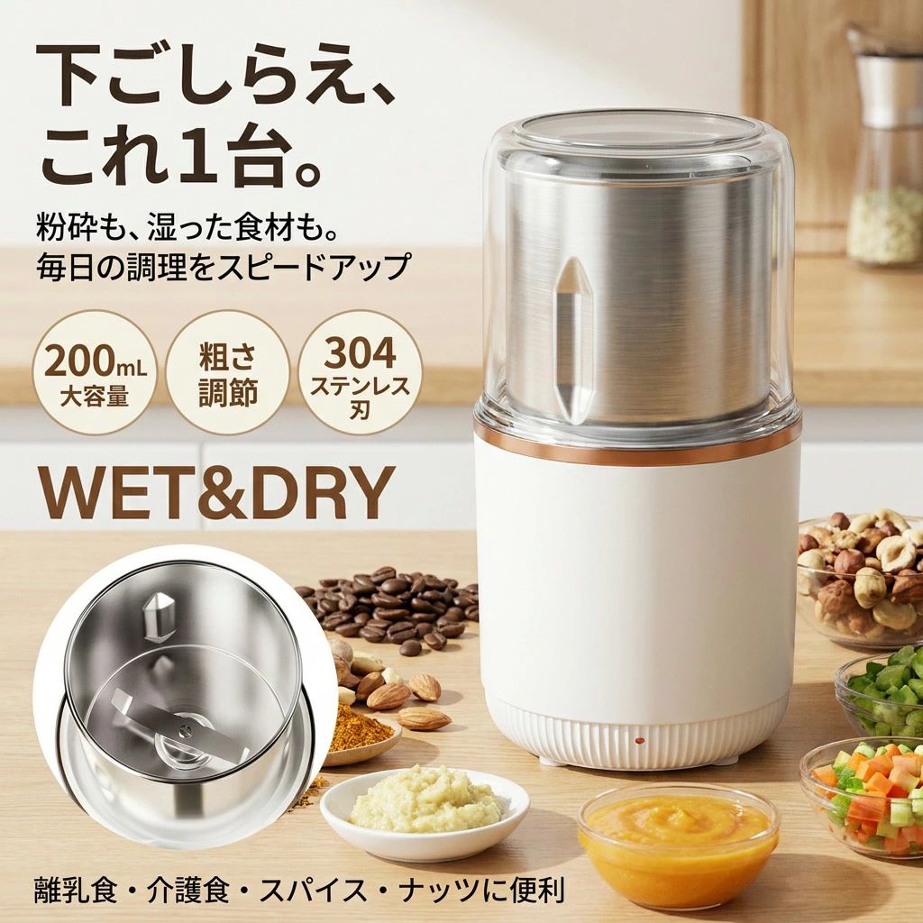 基本仕様：電源100V/50~60Hz/ 200W素材 304ステンレススチール容積 220ML/120gサイズ 17090mm商品細部：・騒音低減ための2重構造・上部から挽き具合確認可能・安全ロック装置・電源LED使用方法：(1)材料を入れる(2)フタとカバーをしっかりと取付ける(3)メインスイッチを手のひらで押すプレゼントにもおすすめ味の好みや年齢、性別を問わずに贈れます。高級感のあるデザインが、贈り主のインテリアセンスを感じさせます。・新婚夫婦・新築・引っ越し祝い・記念日注意事項・ラッピング対応は行っておりません。・予告なく仕様変更になる場合がございます。・写真はイメージです。実際の商品と若干異なる場合がございます。・基本は全国一律送料無料と対応させていただきますが、沖縄・北海道・離島地域へお届けの場合は別途送料をご請求させていただきます。・商品のサイズは採寸方法によって、若干な誤差が生じる場合はあります。ご了承ください。品質保証・出品商品は全て新品未使用です。・安心の初期不良対応：万が一商品に不具合があった場合は、商品到着後7日以内にご連絡ください。・不具合の状況確認のため、写真や動画のご提供をお願いする場合がございます。確認後、速やかに「新品交換」または「ご返金」にて対応させていただきます。・お客様に安心してご購入いただけるよう、誠心誠意サポートいたします。「悪い評価」を付ける前に、まずはお気軽にご相談ください。グラインダー, 電動ミキサー, 粉砕機, 一台多役, 多機能, 下ごしらえ, 時短調理, 簡単操作, 家庭用, キッチン家電, 220ml, 120g, 大容量, 200W, 100V, 50-60Hz, 304ステンレス, 騒音低減, 2重構造, 安全ロック, 安全設計, LED電源, 上部から挽き具合確認, フタ付き, カバー付き, 卓上調理, コンパクト, 小型, 手のひら操作, 介護食, 離乳食, 介護用ミキサー, 離乳食用, 粉砕, 細かくする, なめらか, 介護サポート, のどケア, 食べやすい, 介護施設, 自宅介護, オフィスキッチン, 夫婦, 新生活, 新婚祝い, 引っ越し祝い, 誕生日プレゼント, 母の日, 父の日, ギフト, プレゼント, 手頃価格, ポイント消化, 楽天スーパーSALE, お買い物マラソン, 人気おすすめ, 定番キッチン, 高級感デザイン, おしゃれ, 上品, トレンド注意事項：モニターの発色により、実物と異なる場合がございます。