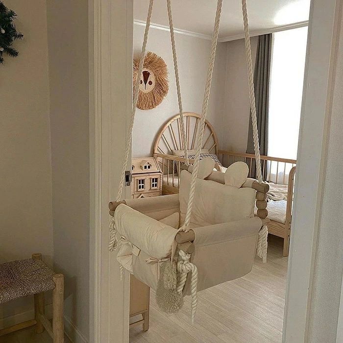 Jolifeのブランコイス おしゃれ 可愛い 使いやすい 北欧風 天然木材製 職人手作り 布シート こどもブランコ 屋内 取り付け ブランコチェア スイングブランコ 子供用ブランコ ウッドブランコ 木製 遊具 ブランコ 屋外｜アングル2
