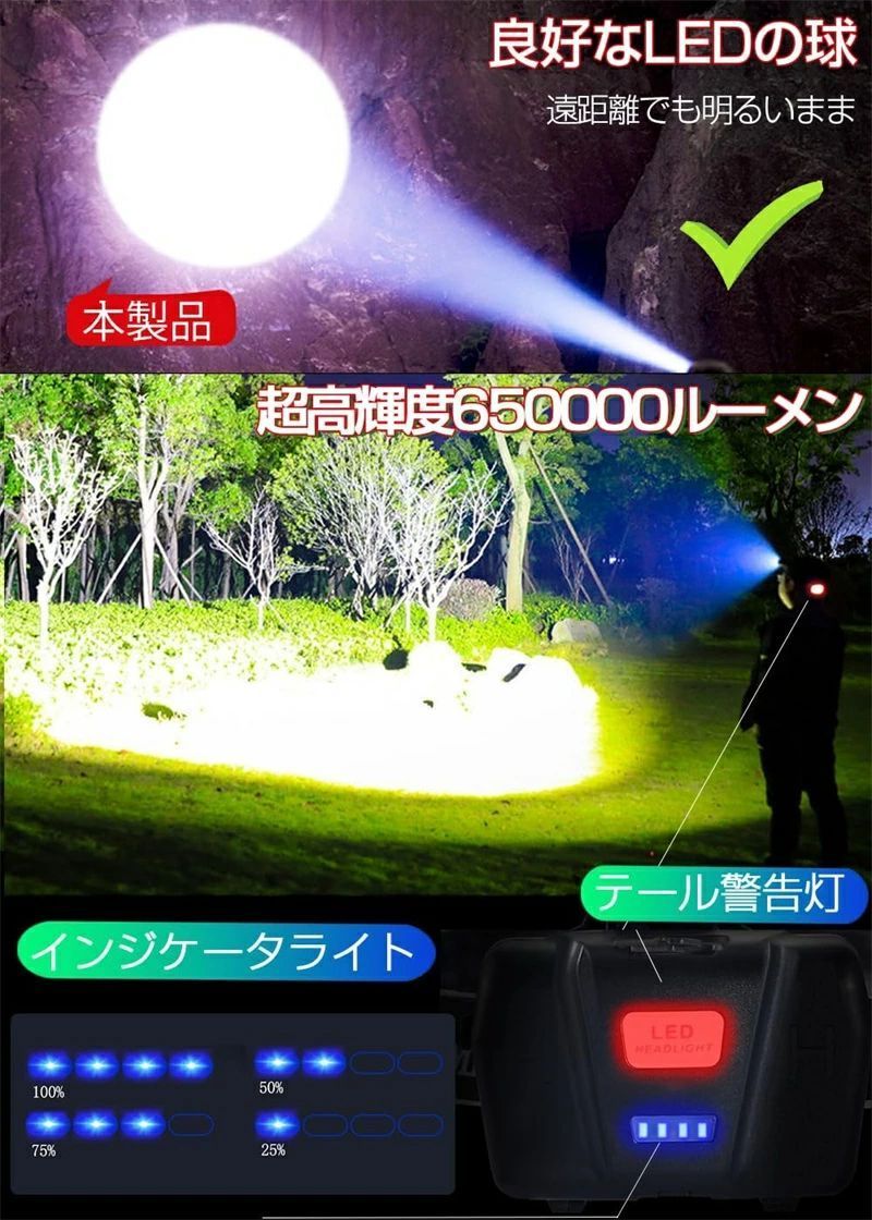 商品仕様 P190.2高輝度LEDヘッドライトを選ぶ理由 1.650000ルーメンの高ルーメンLEDヘッドライトは、部屋全体を簡単に照らすことができます。 2.4モードモード、非常に使いやすい（高中フラッシュ誘導） 3.ズームは、レンズの伸縮により照射距離を拡大し、照射角度を拡大することができます。 より浸透する。 4. IPX6は防水性があり、通常、雨や雪などの悪天候で使用できます。 5.幅広い用途：キャンプ、夜間活動「ハイキング、ランニング、釣り、緊急」停電、防災などに適しています。 超明るいXHP190.2 LED 新型Tlight USB充電式ヘッドライトは、超高出力を採用したXHP190.2 LEDの輝度は650000ルーメンに達し、。照射距離はさらに8000メートルに達し、高品質の材質を採用し、より経済的で耐久性がある。純綿素材のヘッドバンドはより快適で、柔らかく、通気性があります。長く使っても疲れは感じません。 過充電過放電保護 先着の保護IC、チップを搭載しており、オーバーチャージ、オーバーチャージなどを効果的に保護できます。 長く使えます。 誘導モード 10CMの距離内で、手を振ってオンまたはオフにすることができます。暗闇の中。で釣りをしているとき、庭のメンテナンス、車の修理をしているときは、汚れた手でヘッドライトに触れる必要はありません。後部にあるLEDの赤い警告灯のデザインにより、後ろの歩行者や車両に気づきやすくなり、夜間運転の方が便利です。 綿類混紡ヘッドバンド A.弾力性に富み、通気ベルトのサイズを調整できます。