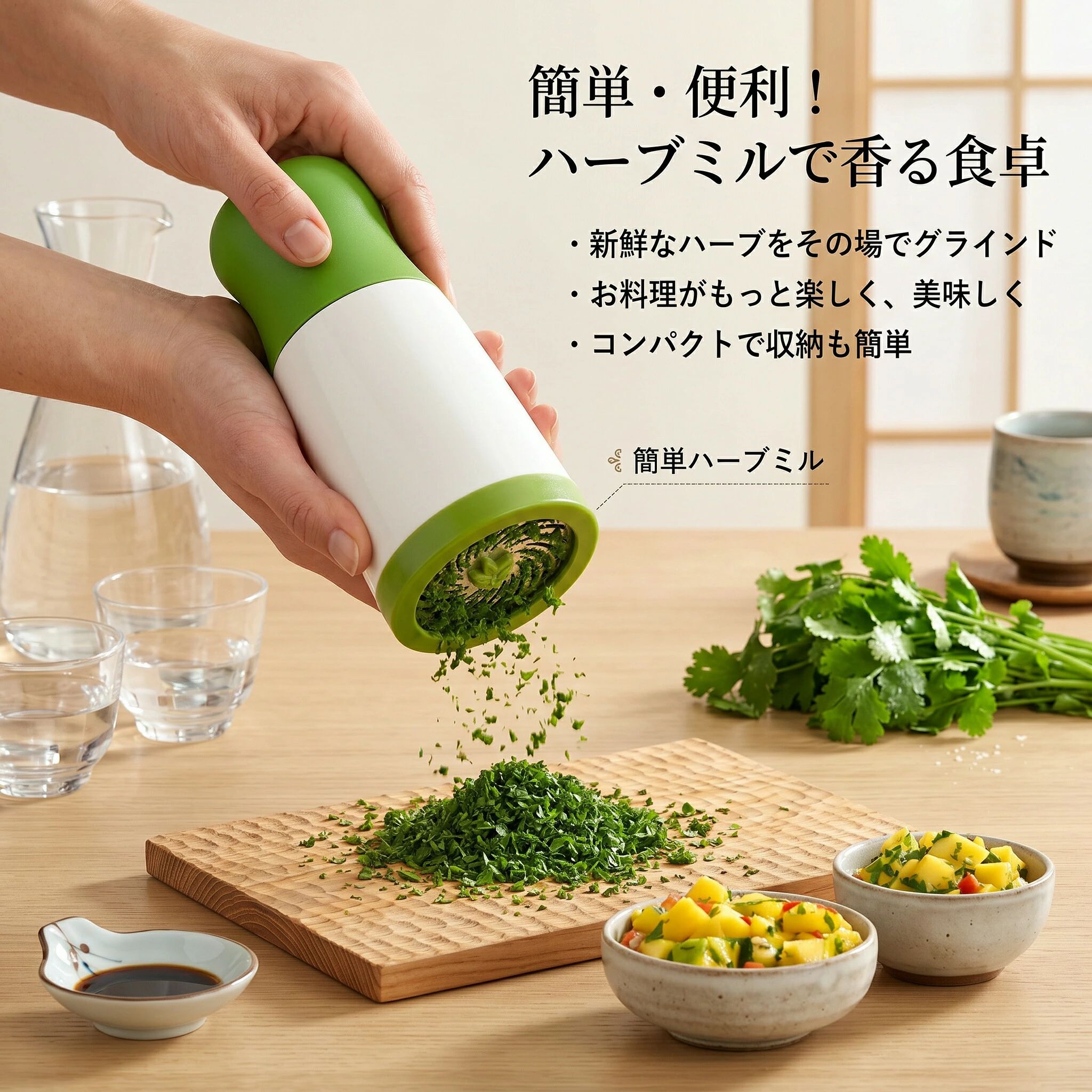 商品名：ハーブミル カッター&nbsp;素材：プラスチック&nbsp;商品特徴&nbsp;このハーブミルは、料理をより楽しく美味しくするための便利なキッチンツールです。手動で簡単に操作でき、新鮮なハーブをその場で細かく刻むことができます。ステンレス製の刃が効率的にハーブをカットし、香り豊かな料理を実現します。コンパクトなデザインで収納も簡単。お手入れも手軽で、日常の調理や離乳食の準備に最適です。ギフトとしても喜ばれるこの商品で、料理の幅を広げてみませんか。