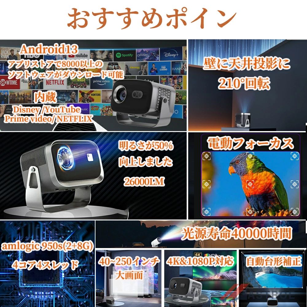 6/11までP5倍+最大2000円OFFクーポンあり TV搭載／プロジェクター 家庭用 電動フォーカス 小型 天井投影 スマホと繋げる 4K対応