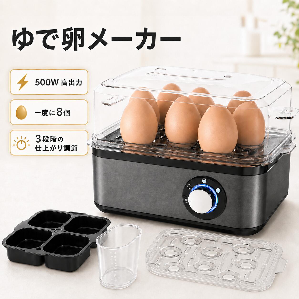 忙しい朝も、好みの仕上がりを手軽に。 最大8個対応電気式ゆで卵メーカー 500W × 3段階調節 × 調理完了後自動OFF 500W パワフル加熱 8個 まとめて調理 3段階 ゆで加減を調節 EASY COOKING 鍋につきっきりのゆで卵作りを、もっと簡単に。 朝食やお弁当、サラダの準備に欠かせないゆで卵。 しかし、鍋を用意して火加減を見ながら時間を測るのは意外と手間がかかります。 本製品なら、卵と適量の水をセットしてダイヤルを選ぶだけ。 最大8個を一度に調理できる電気式ゆで卵メーカーです。 忙しい朝の時短調理から、家族分の作り置きまで幅広く活躍します。 POINT 01 一度に最大8個をまとめて調理 卵を最大8個まで同時に調理できる大容量タイプ。 朝食やお弁当用、サラダ、作り置きなど、家族分のゆで卵を一度に用意できます。 1個ずつ何度も調理する手間を減らせるため、忙しい朝はもちろん、まとめて食事の準備をしたいときにも便利です。 POINT 02 好みに合わせて選べる3段階 ダイヤル操作で、ゆで卵の仕上がりを3段階から選択できます。 ● とろとろ　やわらかな黄身を楽しみたいときに ● 半熟　　　朝食やラーメン、丼料理のトッピングに ● 固ゆで　　お弁当、サラダ、作り置きに その日の料理や家族の好みに合わせて、仕上がりを簡単に調節できるエッグクッカーです。 POINT 03 500Wのパワフル加熱 500Wの加熱性能で、卵を効率よくスチーム調理。 忙しい朝でも、毎日のゆで卵作りをスムーズにサポートします。 鍋やコンロを使わずに調理できるため、朝食やお弁当の準備と並行して使いやすい電気式ゆでたまご器です。 POINT 04 調理が終わったら自動で電源OFF 設定した仕上がりに達すると、自動的に電源が切れる便利な設計。 調理中にずっとそばで見守る必要がなく、ほかの料理や家事を進められます。 電源の切り忘れや加熱しすぎの心配を減らし、毎日の調理をより快適にします。 POINT 05 ダイヤルを回すだけの簡単操作 複雑なボタン操作は必要ありません。 卵をセットしたら、正面のダイヤルでお好みのゆで加減を選ぶだけ。 毎日使いやすいシンプルな操作方法だから、電気調理器に慣れていない方にもおすすめです。 POINT 06 ゆで卵だけでなく蒸し料理にも 付属の4分割黒トレイを使えば、茶碗蒸しなどの蒸し料理にも対応。 卵料理だけに限らず、食卓のレパートリーを広げられます。 ゆで卵メーカー、エッグスチーマー、電気蒸し器として、一台をさまざまな料理に活用できます。 POINT 07 中が見やすい透明カバー 透明なカバーを採用しているため、調理中の様子を外側から確認しやすくなっています。 シンプルで清潔感のあるデザインも魅力です。 カバー上部には持ち手があり、調理後も扱いやすい設計です。 POINT 08 置きやすいコンパクトサイズ 本体サイズは約18.4×16.7×14.5cm。 最大8個を調理できる容量を備えながら、キッチンやテーブルに置きやすいサイズ感です。 一人暮らしの朝食用から、ご家族のお弁当作りまで幅広く活躍します。 RECOMMENDED SCENE こんな方におすすめ 忙しい朝に 朝食とお弁当を効率よく準備 家族の作り置きに 最大8個をまとめて調理 健康的な食生活に サラダや軽食の準備に便利 蒸し料理にも 付属トレイで料理の幅が広がる セットして、選んで、あとはおまかせ。 最大8個・500W・3段階の仕上がり調節。 調理完了後は自動で電源OFF。 毎日のゆで卵作りを手軽に変える、 シンプルで使いやすい電気式ゆで卵メーカーです。 商品仕様 商品名 電気式ゆで卵メーカー 消費電力 500W 同時調理数 最大8個 仕上がり調節 3段階（とろとろ／半熟／固ゆで） 操作方法 ダイヤル式 主な機能 調理完了後自動電源OFF 本体サイズ 約18.4×16.7×14.5cm 主な付属品 8個用トレイ／4分割蒸し料理用トレイ／計量カップ／透明カバー 毎日のゆで卵作りを手軽にしたい方へ 最大8個を一度に調理できる、500Wの電気式ゆで卵メーカーです。ダイヤルで、とろとろ・半熟・固ゆでの3段階から仕上がりを選択できます。調理完了後は自動で電源OFF。朝食、お弁当、サラダ、作り置きなどに活躍します。付属トレイを使えば蒸し料理にも対応でき、ゆでたまご器、エッグクッカー、エッグスチーマー、フードスチーマーとして便利に使用できます。 ご使用上の注意 ※卵の大きさ・温度・水量・使用環境により、仕上がりに差が生じる場合があります。 ※初めて使用する際は、取扱説明書に従って水量と加熱設定を調整してください。 ※使用中および使用直後は、本体・カバー・トレイ・蒸気などが高温になります。やけどにご注意ください。 ※調理中はカバーを開けたり、蒸気口に手や顔を近づけたりしないでください。 ※本体および電源部分を水につけたり、丸洗いしたりしないでください。 ※商品画像はモニター環境により、実際の色合いと異なって見える場合があります。朝食も、お弁当も、作り置きも。 一度に最大8個ゆで卵メーカー 好みのゆで加減を、ダイヤルひとつで。 500W パワフル加熱 最大8個 まとめて調理 3段階 仕上がり調節 AUTO OFF 調理完了後 鍋も、火加減の確認も、面倒な時間管理も減らせます。 卵と適量の水をセットして、ダイヤルを選ぶだけ。 朝食やお弁当に便利なゆで卵を、一度に最大8個まで調理できます。 忙しい朝の時短調理や、家族分の作り置きにおすすめの 電気式ゆで卵メーカーです。 毎日使いたくなる5つの理由 01｜一度に最大8個 家族分の朝食やお弁当、サラダ用のゆで卵をまとめて調理できます。 02｜好みに合わせて3段階 とろとろ・半熟・固ゆでから、料理に合わせた仕上がりを選べます。 03｜500Wでスムーズに加熱 500Wの加熱性能で、毎日のゆで卵作りを効率よくサポートします。 04｜調理完了後に自動OFF 調理中につきっきりになる必要がなく、ほかの家事を進められます。 05｜蒸し料理にも対応 付属の黒トレイを使えば、茶碗蒸しなどの蒸し料理も楽しめます。 SIMPLE OPERATION 卵をセットしてダイヤルを選ぶだけ。複雑な操作は必要ありません。 SELECT YOUR FAVORITE 料理に合わせて選べる3段階 とろとろ 朝食やトッピングに 半熟 ラーメンや丼料理に 固ゆで お弁当やサラダに 朝食・お弁当・サラダ・作り置きに 毎日の食事にゆで卵を手軽に取り入れたい方、 家族分を一度に作りたい方、 コンロを使わず簡単に調理したい方におすすめです。 毎日の「ちょっと面倒」を、手軽でおいしい時間に。 最大8個対応、500W、3段階の仕上がり調節。 調理完了後は自動で電源OFF。 ゆで卵から蒸し料理まで楽しめる、 便利なエッグクッカーです。 商品について： 本商品は、最大8個を一度に調理できる500Wの電気式ゆで卵メーカーです。ダイヤル操作で、とろとろ・半熟・固ゆでの3段階から仕上がりを選択可能。調理完了後は自動的に電源が切れます。朝食、お弁当、サラダ、作り置きに便利なゆでたまご器、エッグクッカー、エッグスチーマーです。付属トレイを使えば、電気蒸し器として蒸し料理にも活用できます。 ※卵の大きさ・温度・水量・使用環境により、仕上がりに差が生じる場合があります。 ※使用中・使用直後は本体、カバー、トレイ、蒸気などが高温になります。 ※商品の詳しい使用方法、仕様および注意事項は取扱説明書をご確認ください。