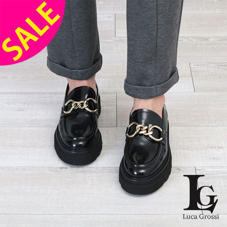 楽天jolisac（ジョリサック）【SALE】Luca Grossi ルカグロッシ シューズ チェーン ローファー H501M ブラック | 靴 SHOES 厚底 脚長効果 歩きやすい キレイめ ゴツめ ツヤ感 モード 旅行 大人 おしゃれ レディース 女性 プレゼント イタリア製 インスタ【正規販売店】【▼30】