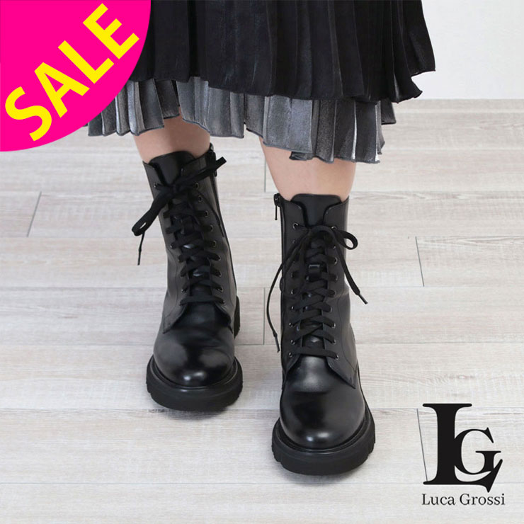 【SALE】Luca Grossi ルカグロッシ ブーツ レースアップ レザー F319T ブラック SHOES BOOTS 脚長効果 歩きやすい 履きやすい ファスナー ミドル丈 きれいめ ゴツめ モード 旅行 おしゃれ レディース 女性 ギフト イタリア製 インスタ SNS【正規販売店】【▼20】