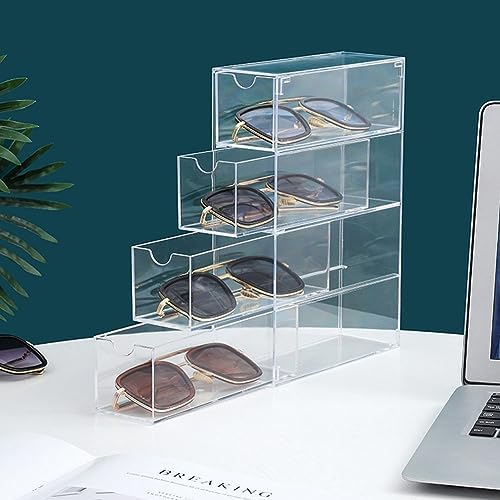 アクリルサングラスオーガナイザー 4引き出しクリアサングラスケース蓋付き積み重ね可能な眼鏡ディスプレイホルダー多用途収納ボックス眼鏡メイクアップオフィスアイテム