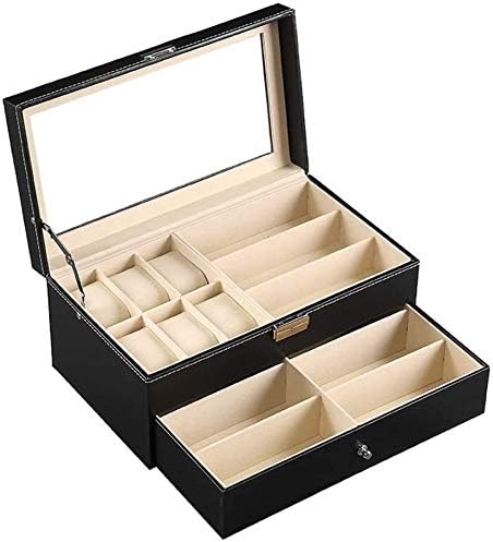 メガネストレージボックスメンズ腕時計オーガナイザーボックスレザー6ウォッチボックスジュエリーケースと9ピース眼鏡ストレージサングラスメガネ展示引き出しロック付きケースオーガナイザー