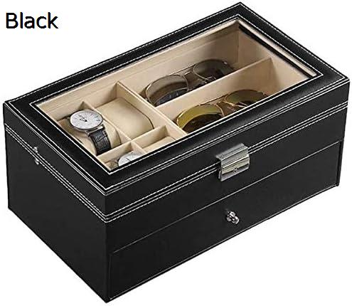 メガネストレージボックスメンズ腕時計オーガナイザーボックスレザー6ウォッチボックスジュエリーケースと9ピース眼鏡ストレージサングラスメガネ展示引き出しロック付きケースオーガナイザー