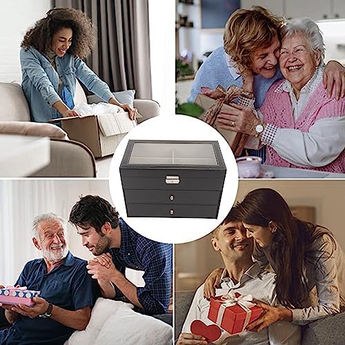 サングラス収納引き出し、カーボンファイバーPUレザー眼鏡収納ボックスメタルクラスプお手入れ簡単スムーズな開口部ヒンジ3層オフィス用