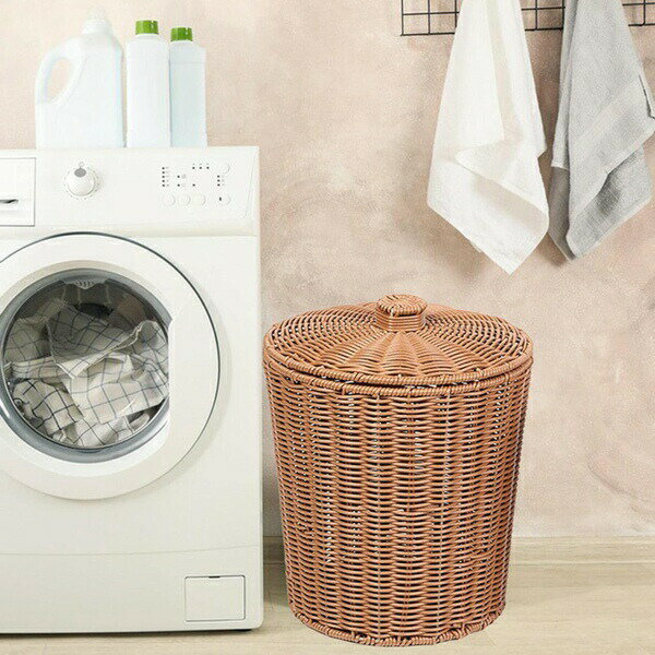 織り収納バスケット デスクトップ雑貨オーガナイザー 蓋付き 枝編み細工のゴミ箱 家の装飾 リビングルーム コーヒーテーブル 靴下 衣類 23.5×28.5cm