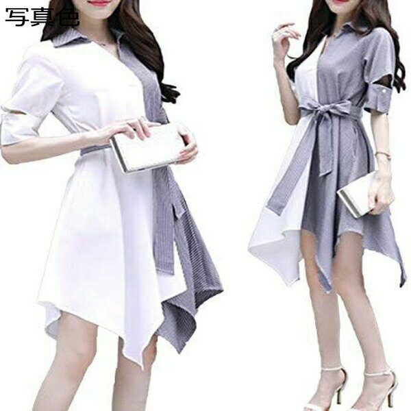 乐天商城 - レディース シャツワンピース 2色ワンピース ロングドレス 不規則 切り替え aライン 夏服 着痩せ vネック 日常着用 フォーマル ハイウエスト ストライプ 大きいサイズS〜5XL