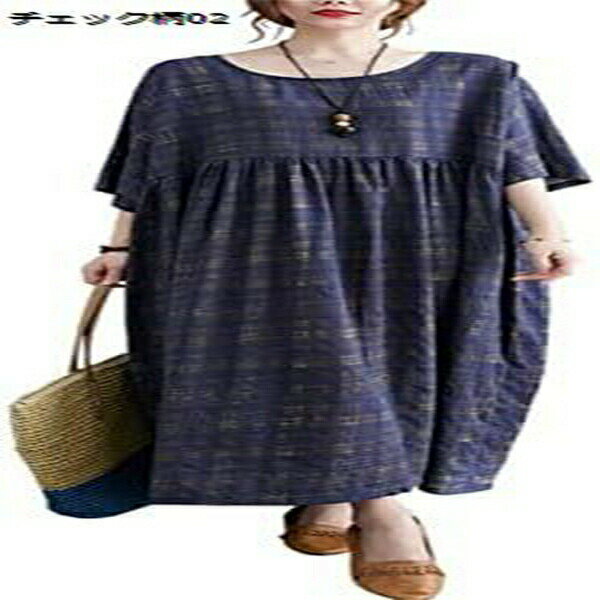 Short Sleeves - レディース ワンピース マキシワンピース ロングワンピース 半袖 クルーネック ボタニカル 花柄 フラワー チェック柄 ポケット付き 綿麻 おしゃれ リゾート 体型カバー 大きいサイズ 夏