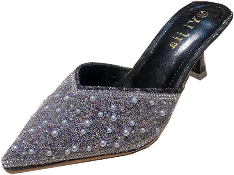 サンダル レディース ミュール 歩きやすい Vカット ポインテッドトゥ バブーシュ ラインストーン キラキラ スリッパサンダル パンプス ピンヒール 6cm 黒 大きいサイズ 旅行 海 リゾート 疲れ