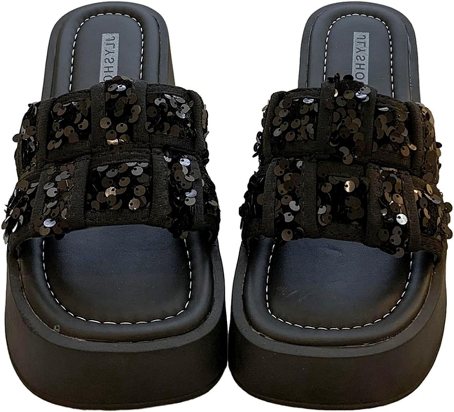 ミュール ウェッジサンダル レディース グリッター スパンコール ハイヒール スクエアトゥ サンダル ...