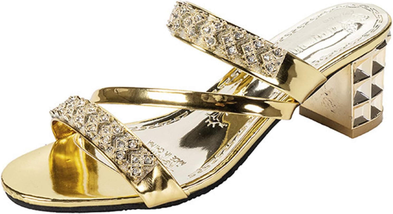 レディースミュール サンダル 太ヒール スリッパ 美脚 ビジュー付き キラキラ 軽量 歩くやすい 疲れにくい 通勤 ストラップサンダル 脱げない 美脚ミュール ウェディング プレゼント 女子会 おしゃ