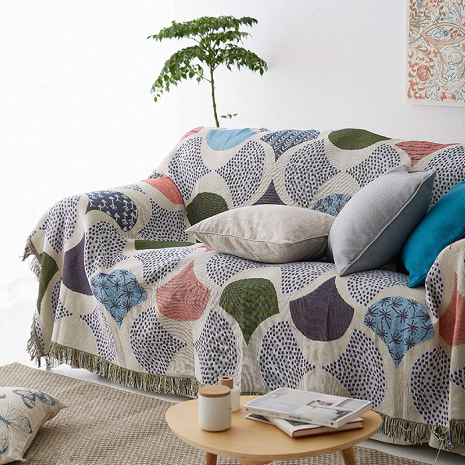 マルチカバー 北欧風 ソファーカバー 長方形 多機能 テーブルクロス 北欧 カバー フリンジ付き おしゃれ ソファカバー 180*340cm 両面使える 綿 カウチ 葉 ベッドカバー 毛布 テーブル掛