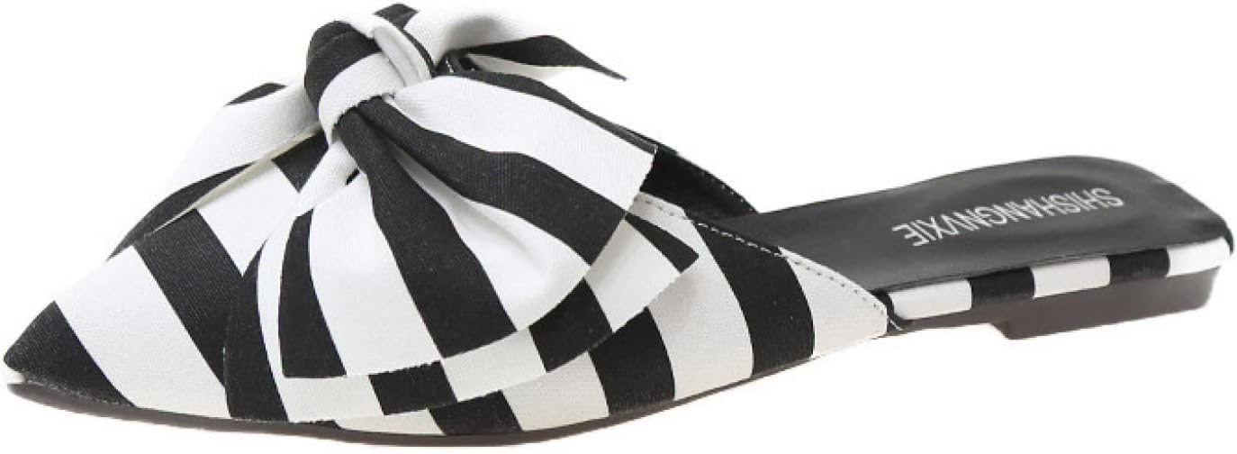 ミュール サンダル ポインテッドトゥ パンプス 蝶結び レディース ボーダー柄 スリッパ チャンキーヒール ハイヒール つっかけ ぺたんこ 黒 リボン付き 美脚 水玉 1.5cmヒール 疲れにくい 歩