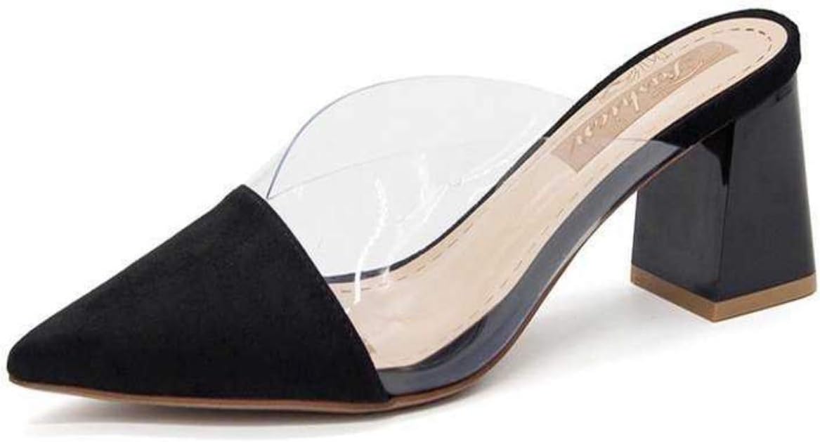 美脚 脚長 クリアサンダル ポインテッドトゥ Vカッティング バイカラー チャンキーヒール ミュールサンダル シューズ 靴