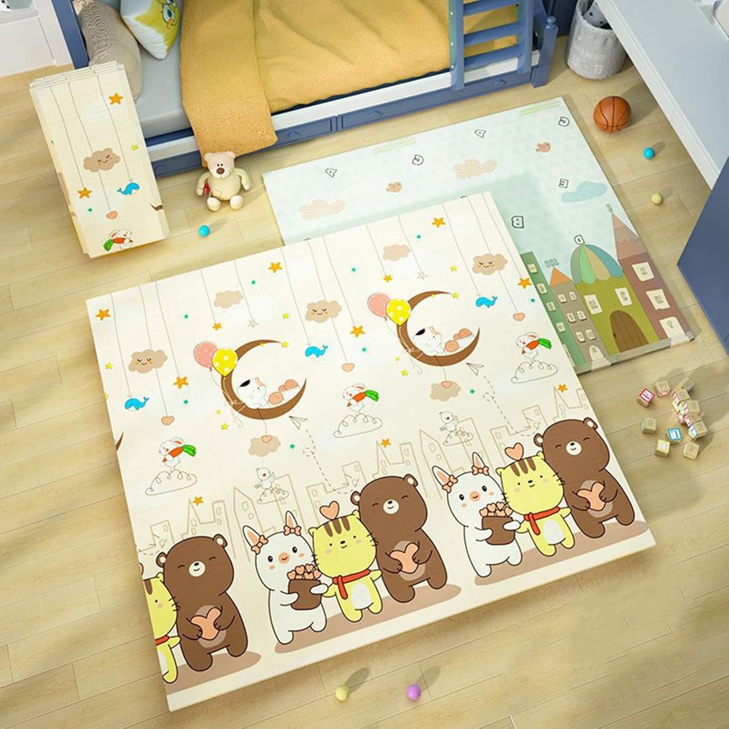 プレイマット 90*160*0.7cm 折り畳み式 薄手 おしゃれ ベビープレイマット 遊び 学べる キッズ用プレイマット 子供 可愛い 清掃簡単 転倒防止 収納 防水 防音 防寒 安全 無毒 無味
