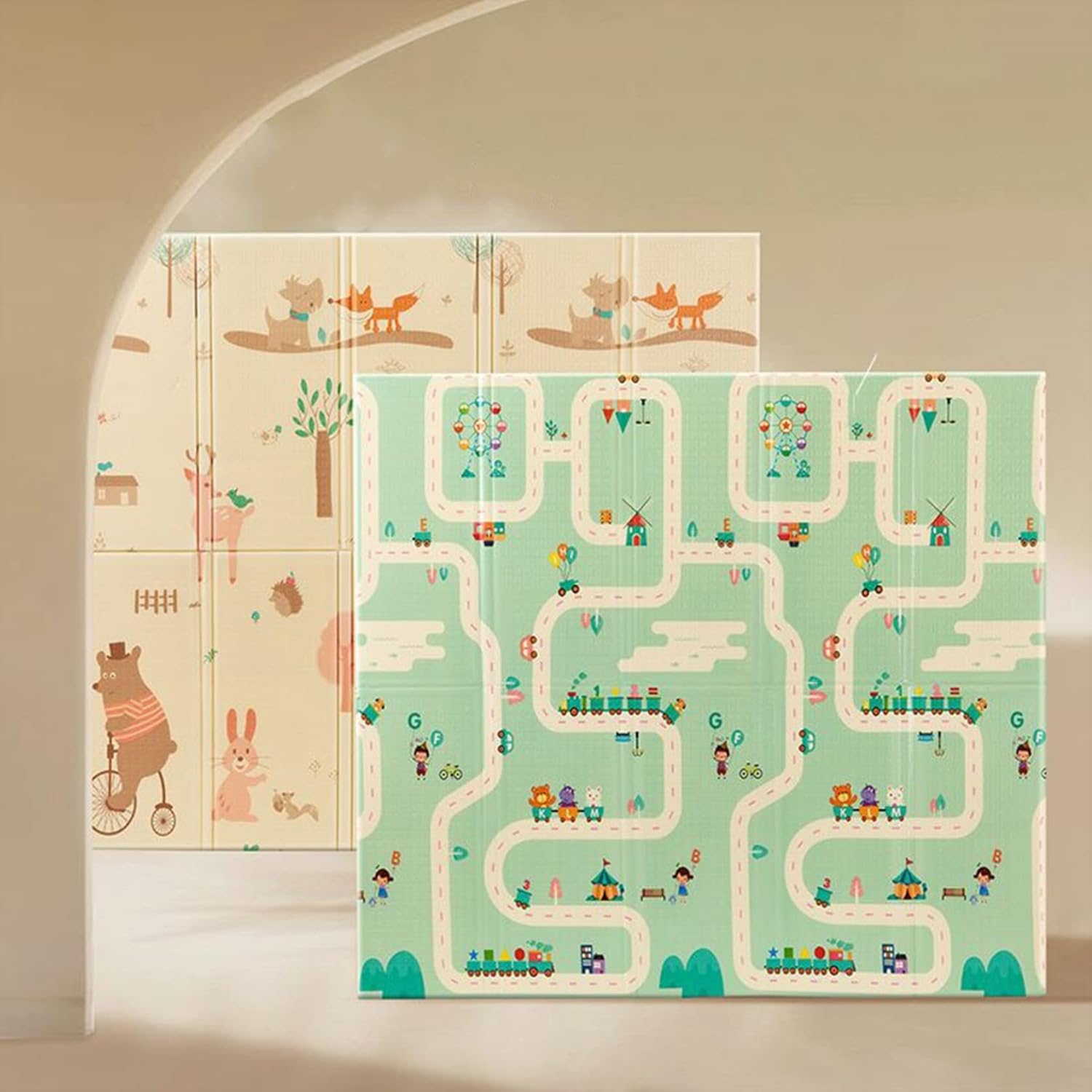 ベビープレイマット 200*180*2cm 動物 赤ちゃん 折り畳み式 おしゃれ 可愛い キッズ用プレイマット 遊び 学べる 楽しい 両面使用可 収納 安全素材 転倒防止 衝撃緩和 出産祝い ルームマ