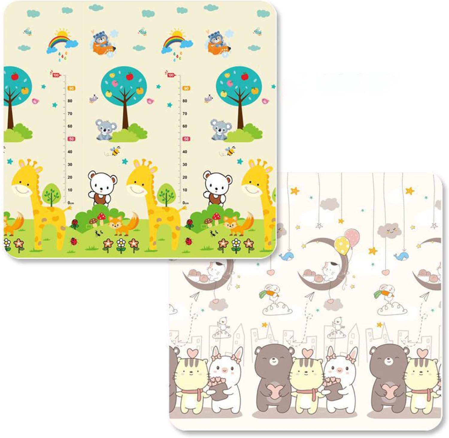 プレイマット 180*200*1.5cm 折りたたみ ベビーマット 薄手 厚手 遊び 学べる 清掃簡単 両面パターン キッズ用プレイマット 可愛い 動物 転倒防止 収納 安全 無毒 無味 出産祝い ル