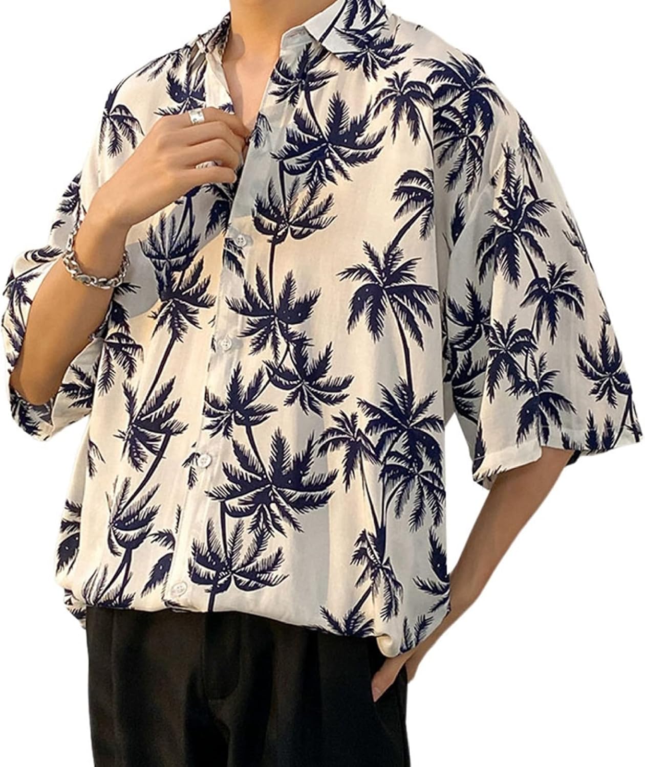 リーフ柄 アロハシャツ メンズ ハワイ風 夏 薄手 清涼感 五分袖 吸汗速乾 通気 ゆったり 柔らかい ビー..