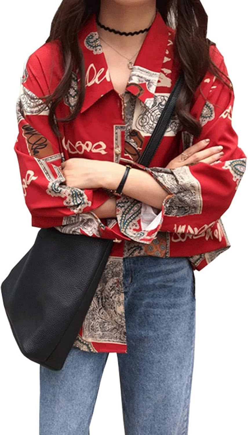 アロハシャツ レディース 長袖シャツ カジュアルシャツ レッド 復古 きれいめ ボタン 春秋 薄手 柔らか生地 着痩せ ゆったり 独特 旅行 お出かけ 大きいサイズ S~XL