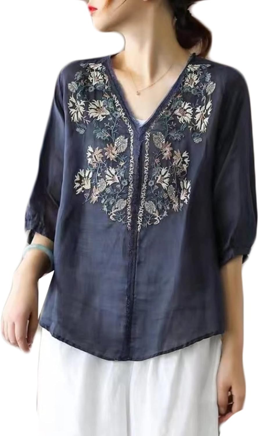サマーシャツ 夏服 レディース 刺繍ブラウス 花柄 綿麻 透ける Vネック 半袖 薄手 森ガール ゆったり 女性らしい ラウンド裾 ヴィンテージ トップス チュニック 春秋 通勤 涼しい ホワイト ブ