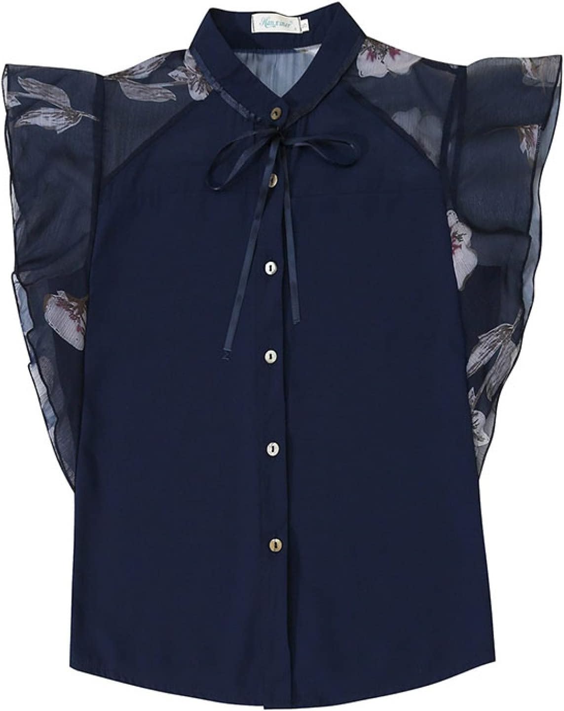 フリルデザイン ブラウス 半袖 ハイネック レディース トップス フリオル 花柄 透け感 フェミニン ワイシャツ シフォン カットソー 前開き 襟付き クルーネック フリルブラウス ノースリーブ 上