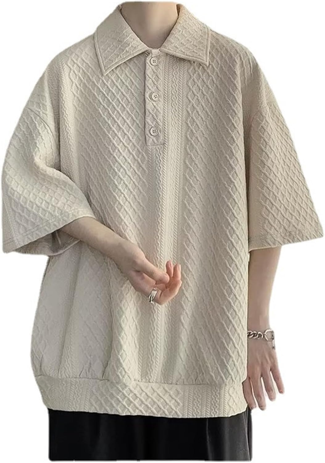 ポロシャツ Tシャツ メンズ 半袖シャツ ニット編み模様 青年 夏 ビッグシルエット 通学 5分袖 薄手 通..