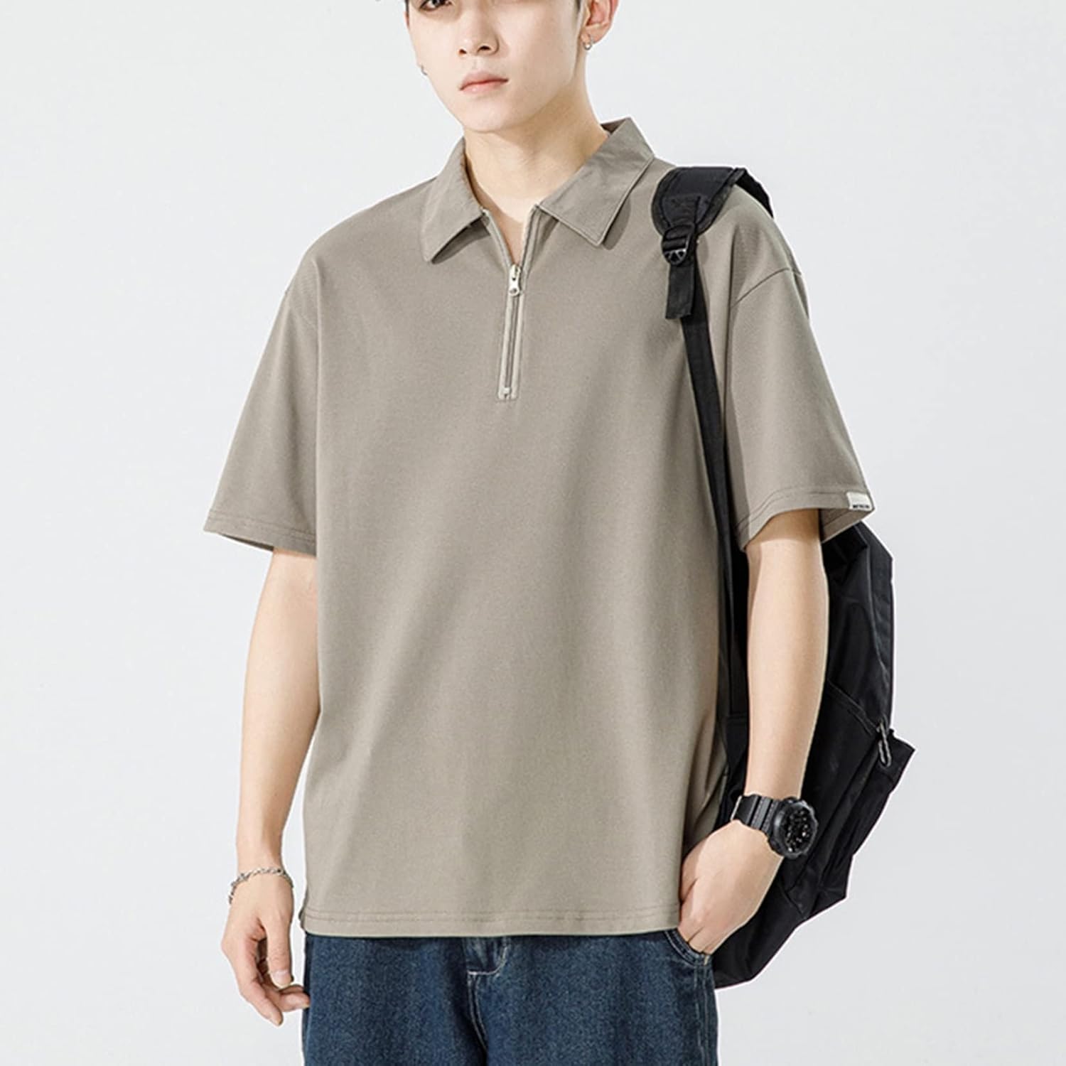 メンズ Tシャツ ポロシャツ 五分袖 シルエット サマー 折り襟 ハーフファスナー 薄手 カジュアル 通勤 通学 運動 ゆったり かっこいい 日系 無地 大きめ