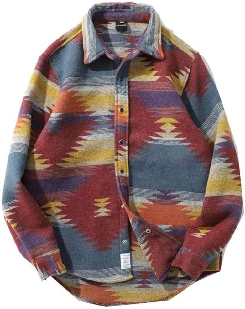カジュアルシャツ 長袖 メンズ ネルシャツ エスニック系 シャツジャケット 厚手 重ね着 カットソー 男性 レトロ 防風 ゆったり アーガイル柄 ポロネック ス...