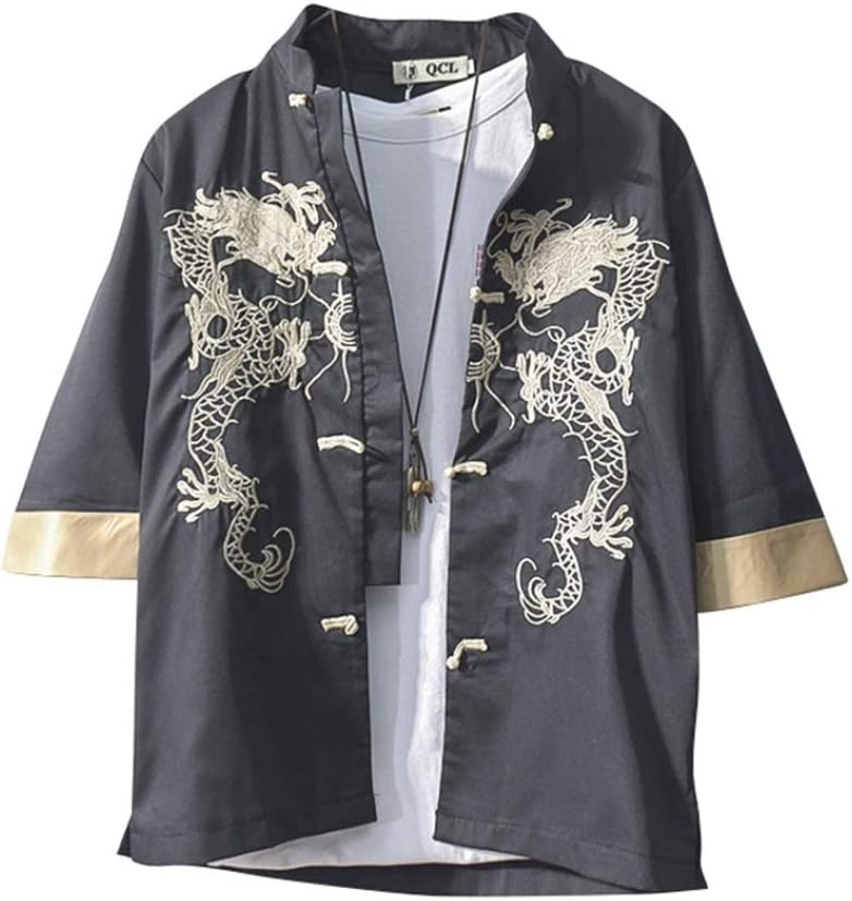 夏用 チャイナ風シャツ 5分袖 メンズ 龍柄 たて袖 チャイナトプス 中華風 ゴージャス 男性 ジャケット..