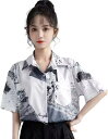 夏季新款?古水墨印花短袖上衣女潮流港味?松休???polo??衫