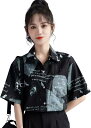 夏季新款?古水墨印花短袖上衣女潮流港味?松休???polo??衫