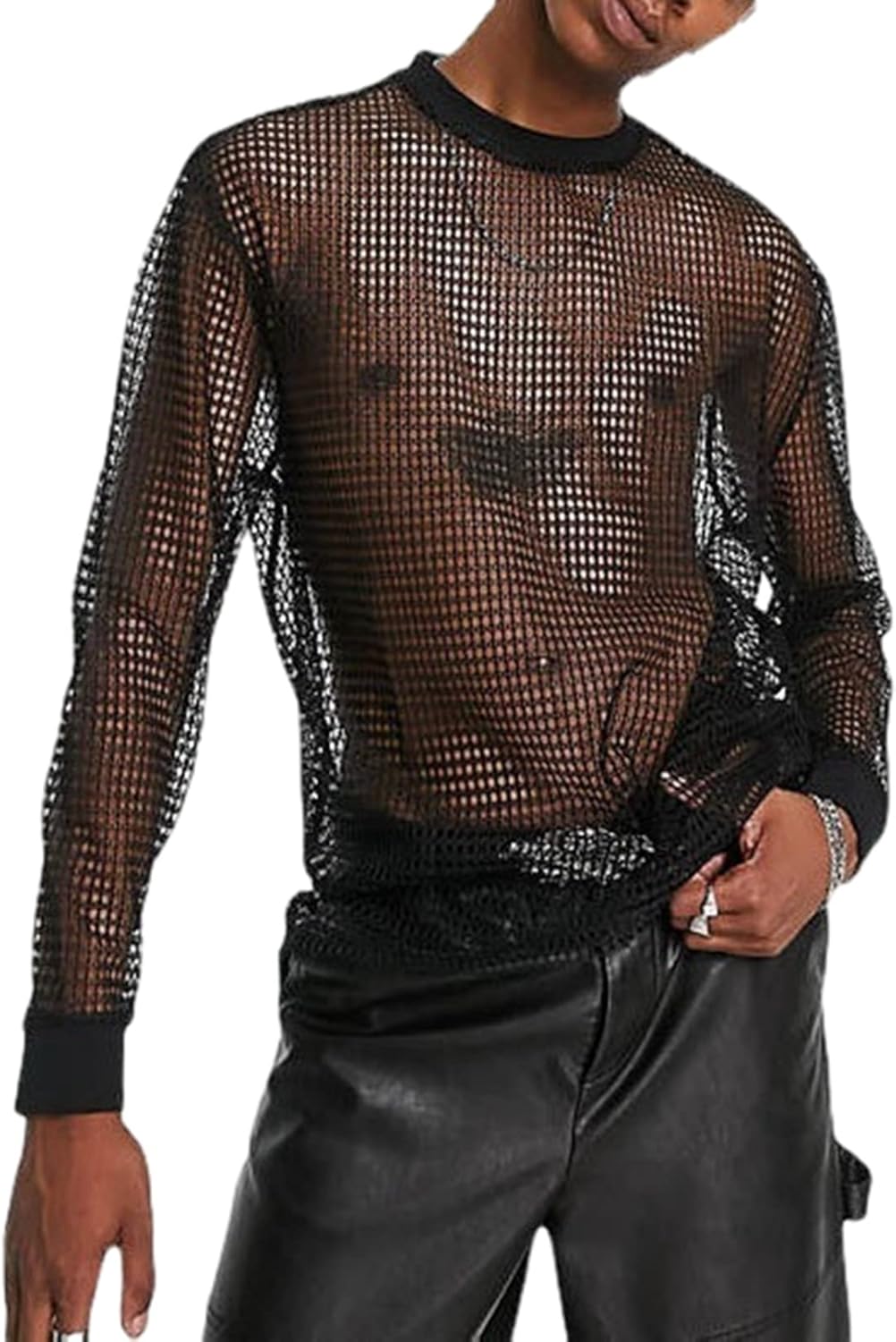 長袖 Tシャツ メッシュ セクシー 網メッシュ フィットシャツ メンズ トップス クラブウェア 透かし編み..