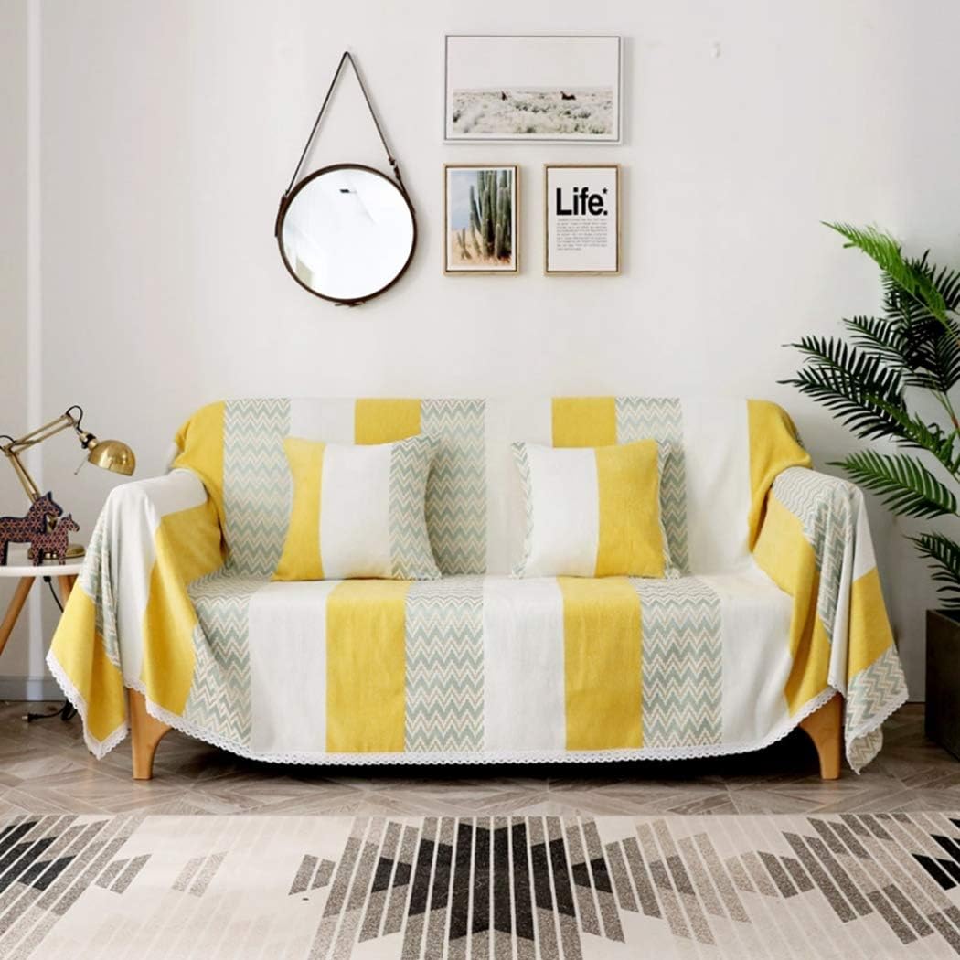 現代風 180*180cm ソファーカバー マルチカバー 長方形 おしゃれ 多機能 レース付き ブランケット 北欧風 2人掛け 3人掛け ストライプ柄 かわいい 波柄 防塵 汚れ防止 替えソファーカバ