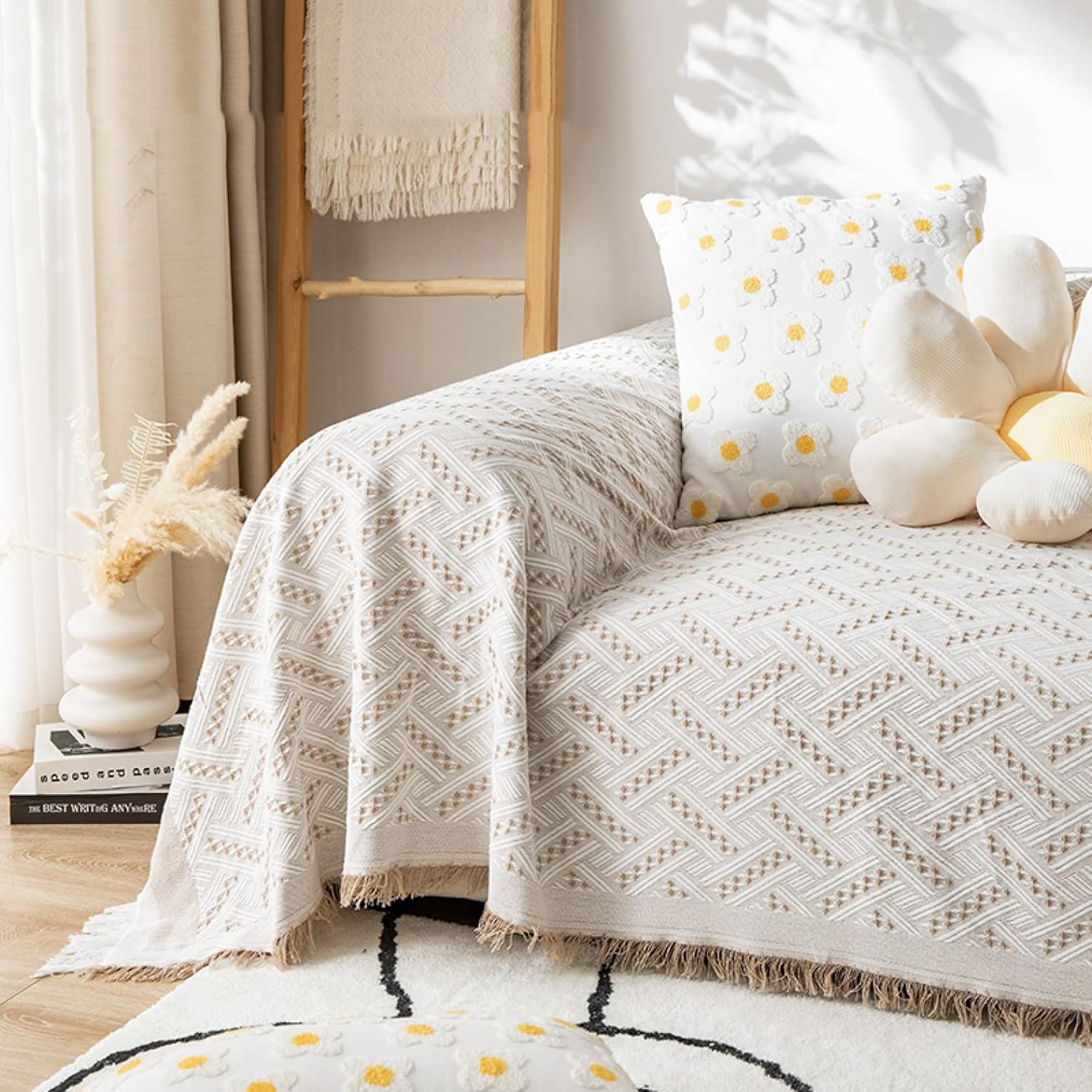 北欧風 マルチカバー おしゃれ ソファカバー 長方形 ブランケットフリンジ付き チエック 綿麻 123人掛け カウチ ベッドカバー テーブルクロス テーブル掛け枚 毛布 ネイティブ カーペット 格子柄