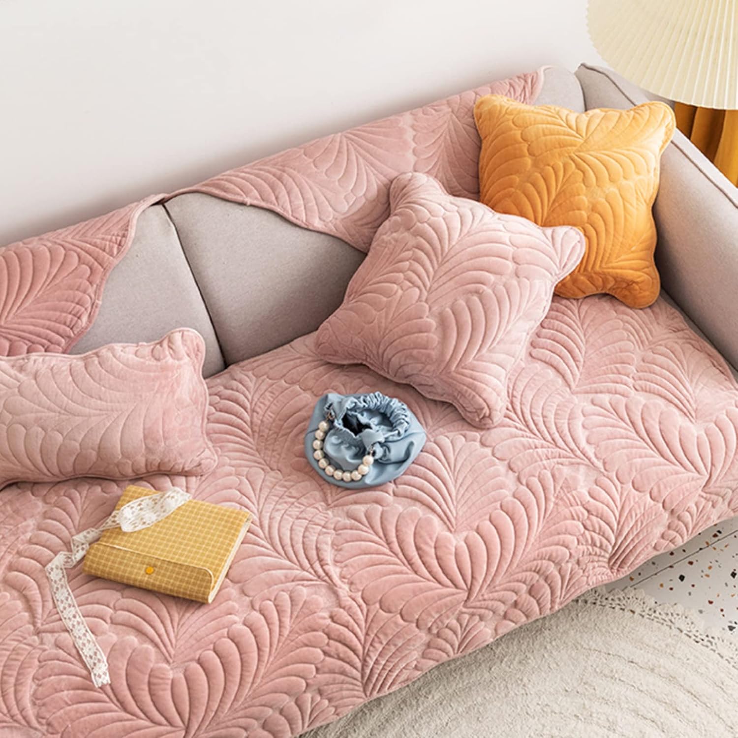 厚手 ソファーカバー マルチカバー 北欧デザイン ベロア ふわふわ 替えカバー 四季適用 肘付き 無地 爪とぎ防止 ピンク 70*210cm 汚れ防止 キズ防止 柔らかい ソファカバー 滑り止め ズレ [2]