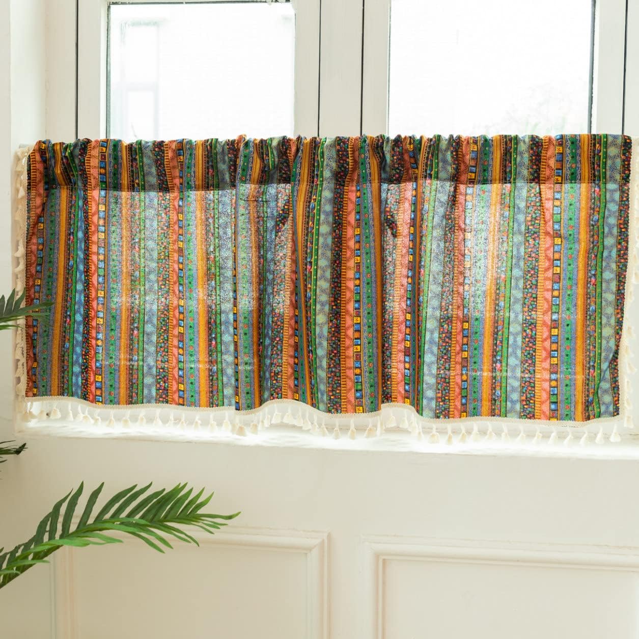 天然素材 カフェカーテン よこ型 インテリア フリンジ付き 布 カラー1 生地 小窓 細窓 縦長窓 出窓 45*132cm 腰高窓 目隠し 収納 横長 縦長 つっぱり棒 テンションポール 日よけ 日除