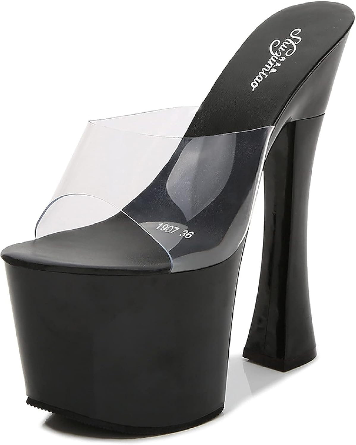 クリアサンダル ミュール キャバ サンダル レディース ハイヒール かわいい 小さいサイズ 大きいサイズ 高い 歩きやすい 疲れない クリア 透明 裸足 カラー 太ヒール 厚底 ストーム付き 脱げない