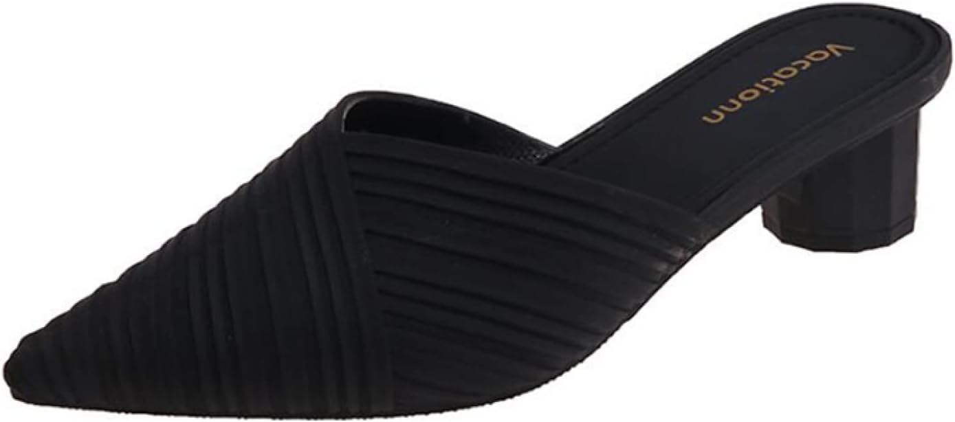 ミュール レディース シューズ Vカット ポインテッドトゥ シンプル サンダル おしゃれ プリーツ デイリーサンダル スリッパサンダル ハイヒール 太ヒール オフィス 通勤 フォーマル 仕事 疲れにく