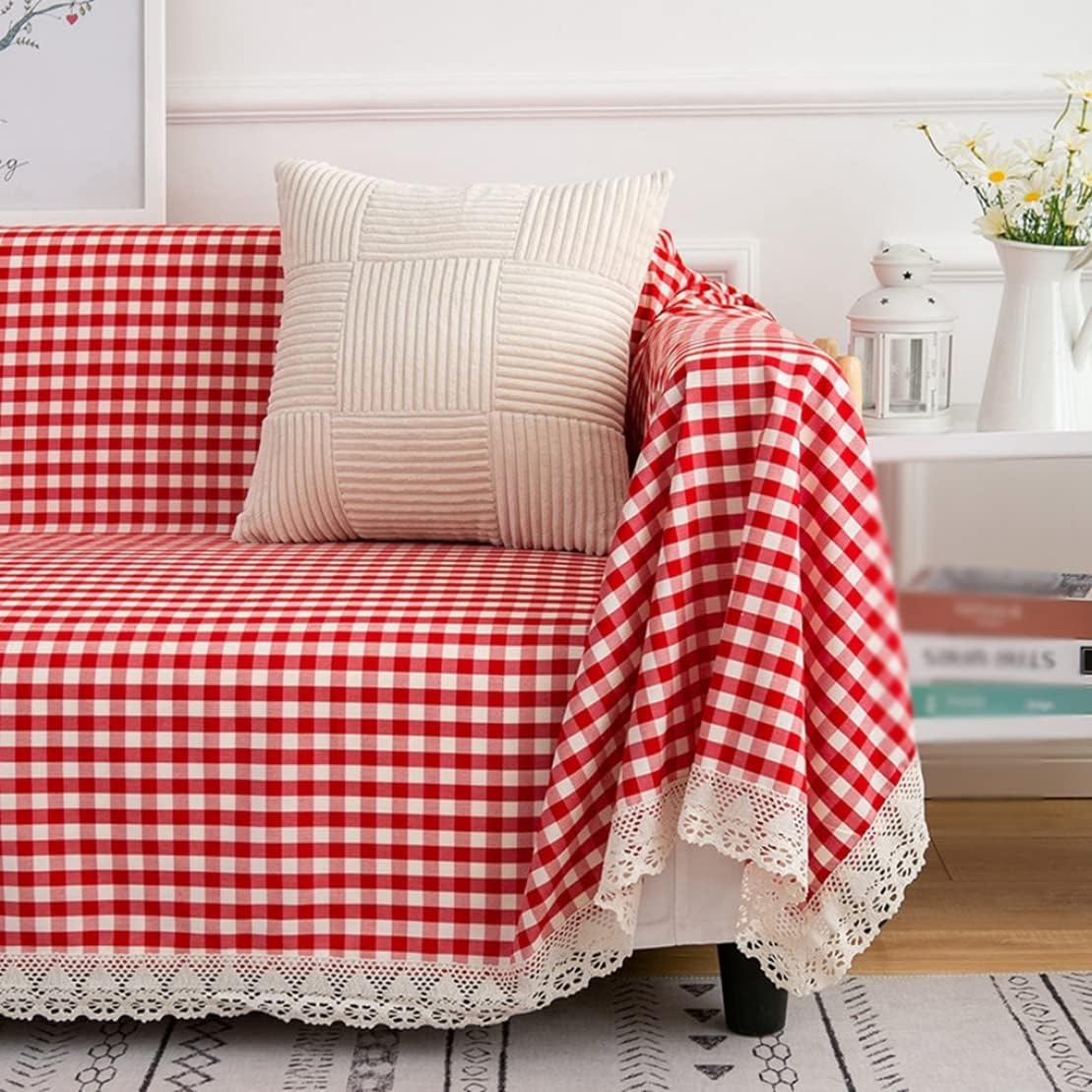 ソファーカバー マルチカバー 2人掛け 3人掛け 脇なし 長方形 おしゃれ 180*200 北欧風 赤色 カウチ ベッドカバー テーブルクロス 大きい 水洗い 四季通用 チェック柄 多機能 防塵カバー