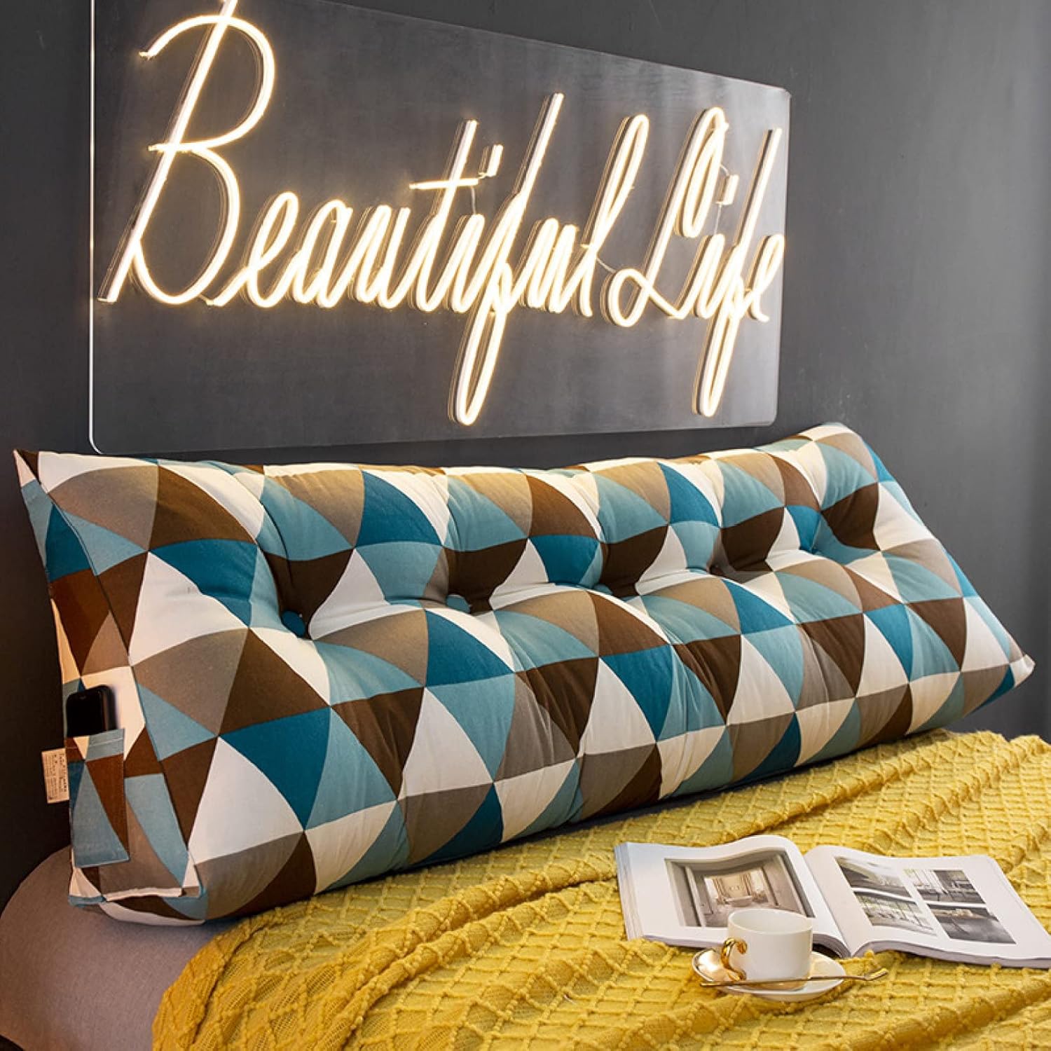 ヘッドボード ヘッドボードクッション 読書クッション 長方形 ポケット付き にんじん柄 モダン シンプ..