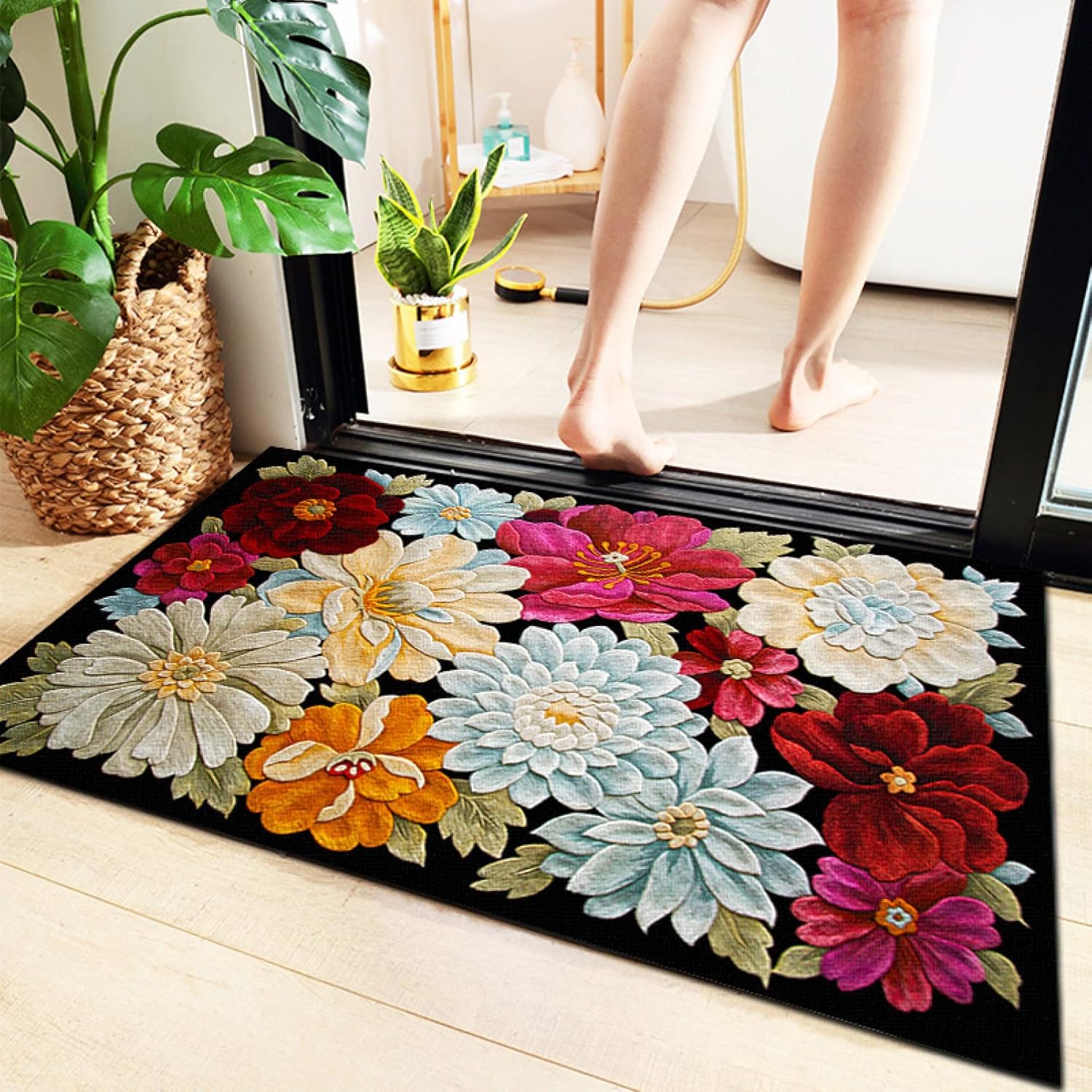 玄関マット 花柄 スタイル お風呂マット バスマット おしゃれ 足ふきマット 吸水 速乾 ドアマット 丸洗..