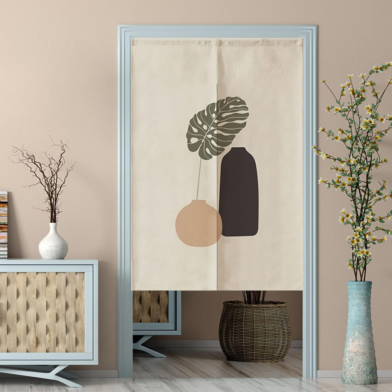 のれん 葉っぱ カラー1 85*120cm シンプル プライベートカーテン 室内用 仕切り 大 カフェ 個性的 のれん つっぱり式 綿麻混 洋柄 半遮光 ドアカーテン 間仕切り モダン 天然素材 コッ