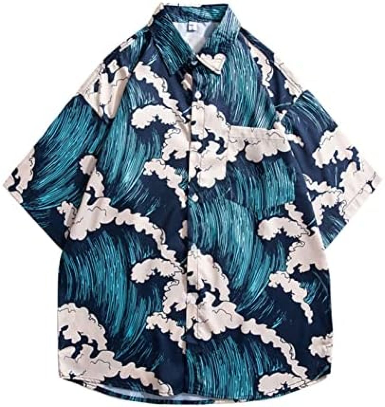 アロハシャツ メンズ 夏 半袖シャツ ハワイアン 総柄 ビーチシャツ 開衿 軽量 カジュアル トップス 速乾 通気 ゆったり 白波プリント 花柄シャツ リゾート 海 アウトドア かっこいい ブルー